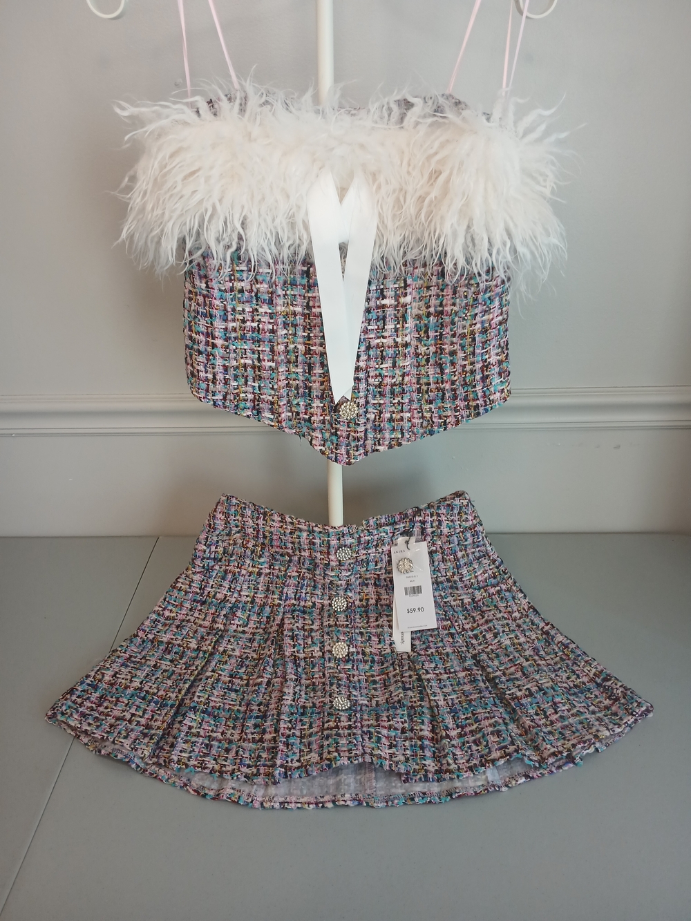 Pink Pastel Tweed Mini Skirt & Corset Set L & XL New! Removable Faux Fur Trim